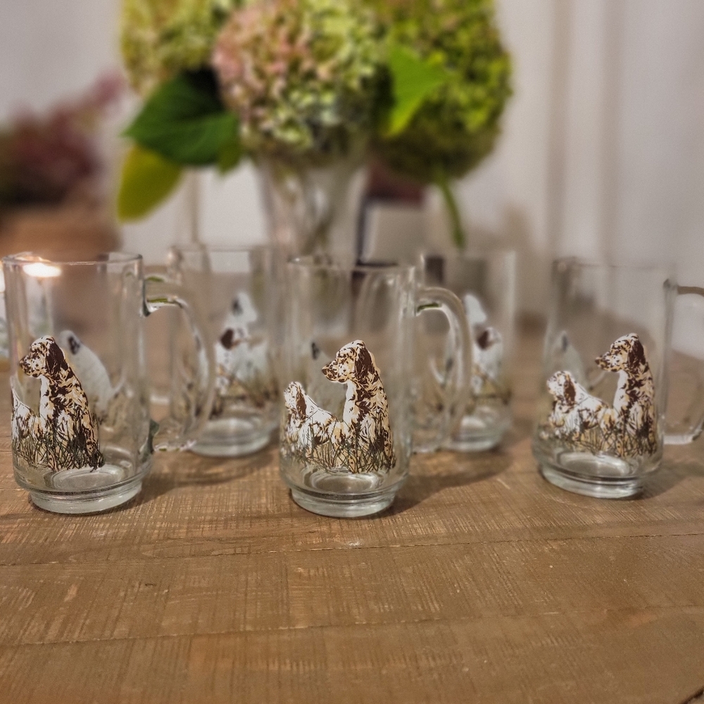 6 Vintage Schmidt Clear Tall Beer Mugs Pointer Hunting Dogs J Powers Coffee Mugs
